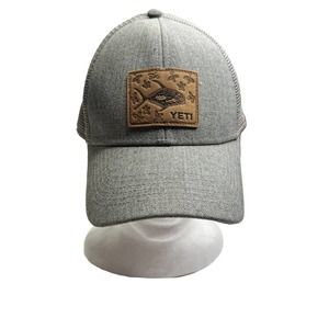 YETI Snapback Trucker Hat Leather Fish Patch Hat Gray 2018 EUC
